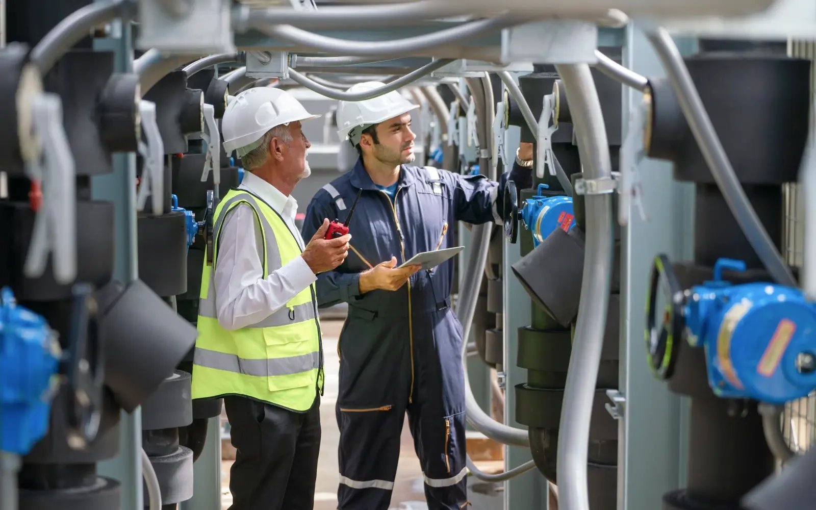 Cross-functional team analyzes equipment data on a laptop beneath industrial machinery