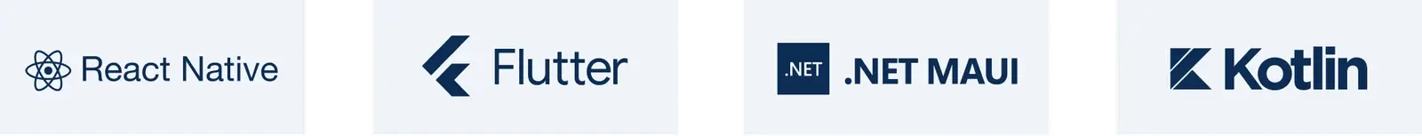 Logos of React Native, Flutter, .NET MAUI and Kotlin cross-platform development technologies.