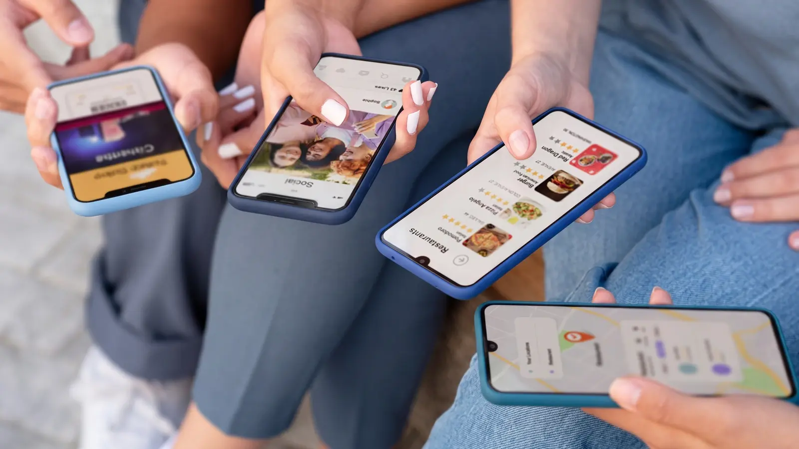Four people hold smartphones displaying different mobile application interfaces