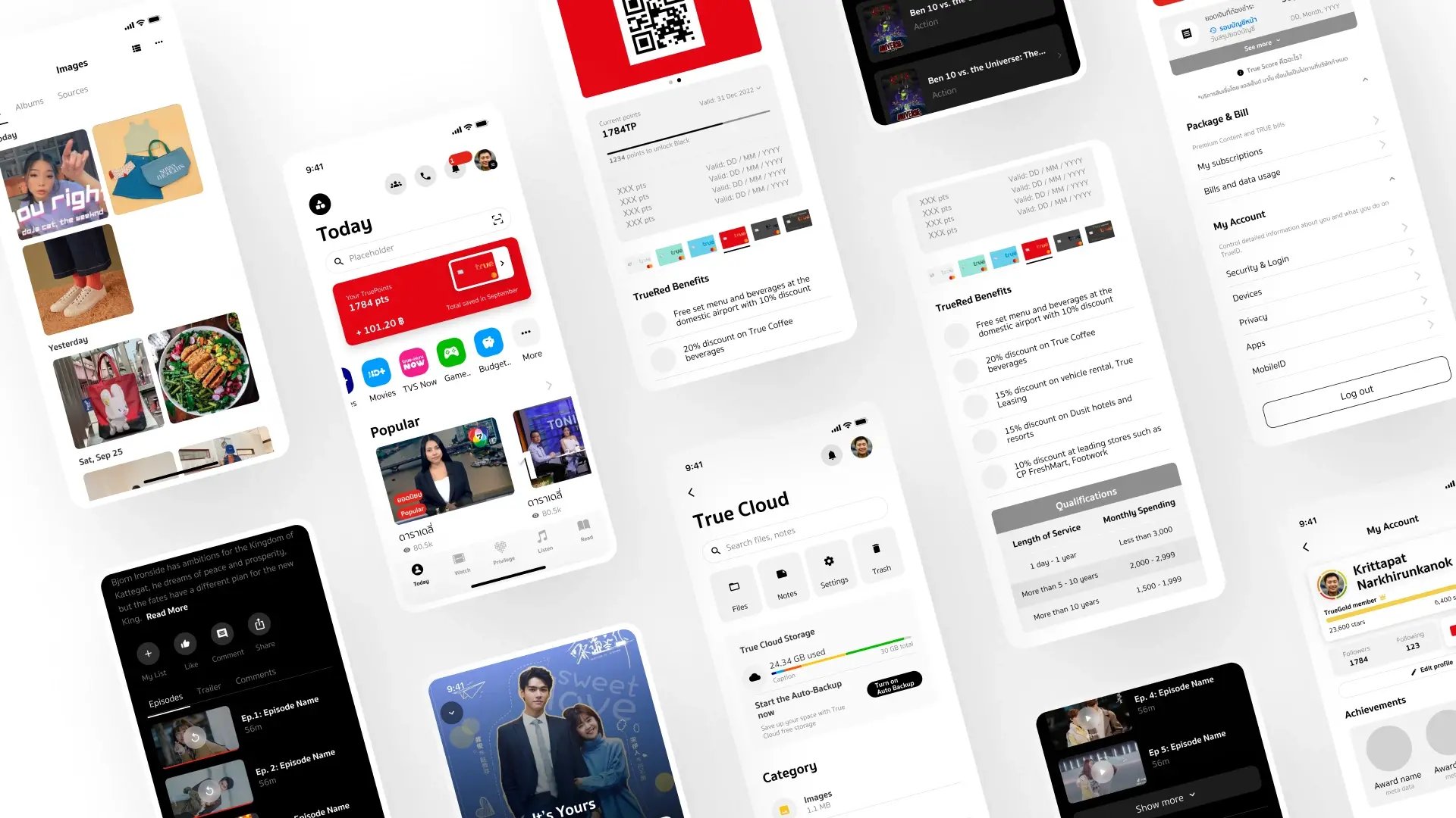 Collection of TrueID mobile app screens showing entertainment, account and member features.