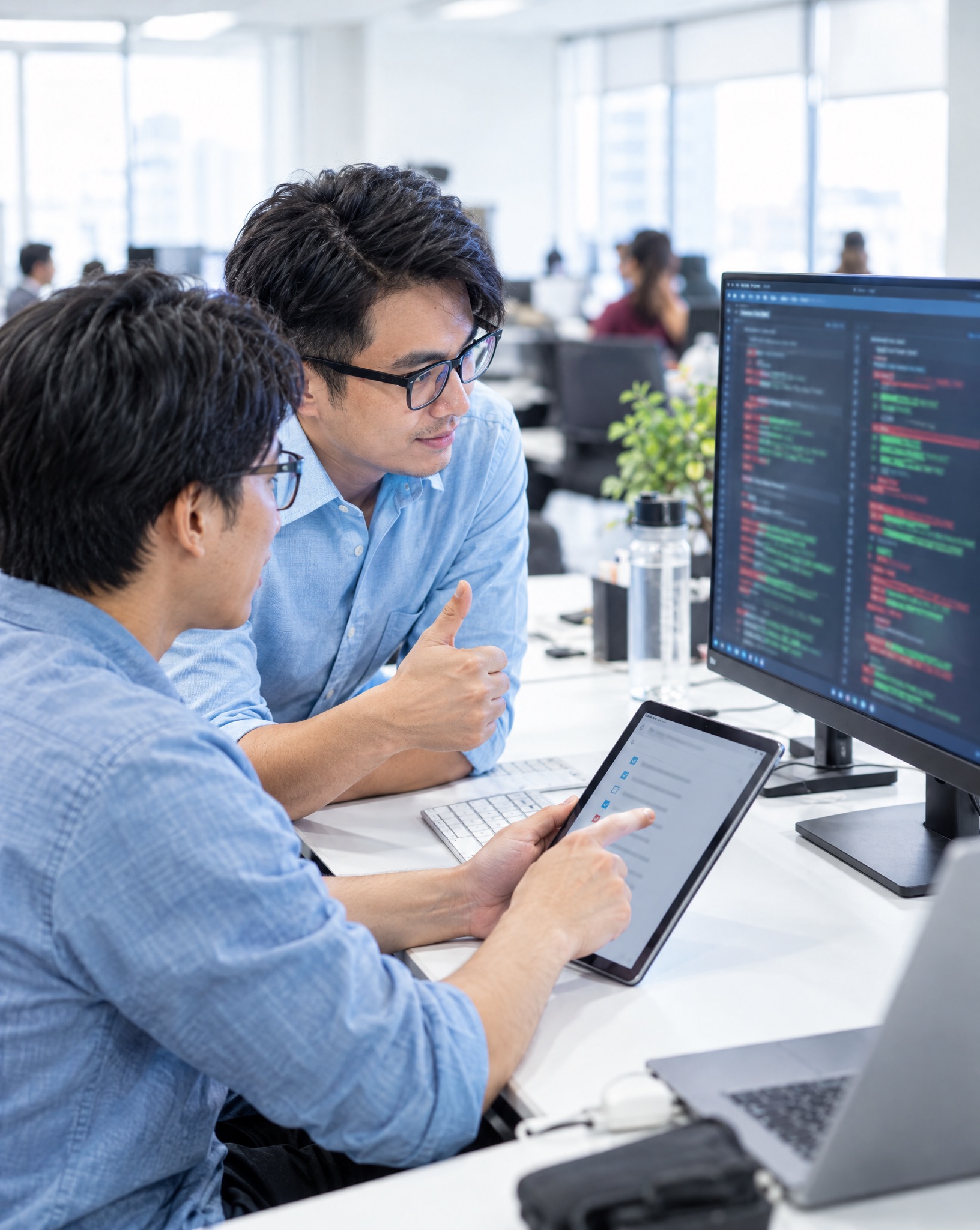 Two engineers reviewing a code change on a monitor and a checklist on a tablet
