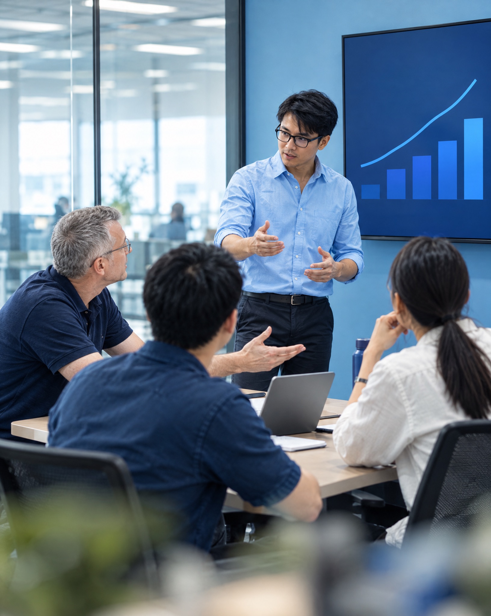 A delivery lead answering an executive's question in a meeting room