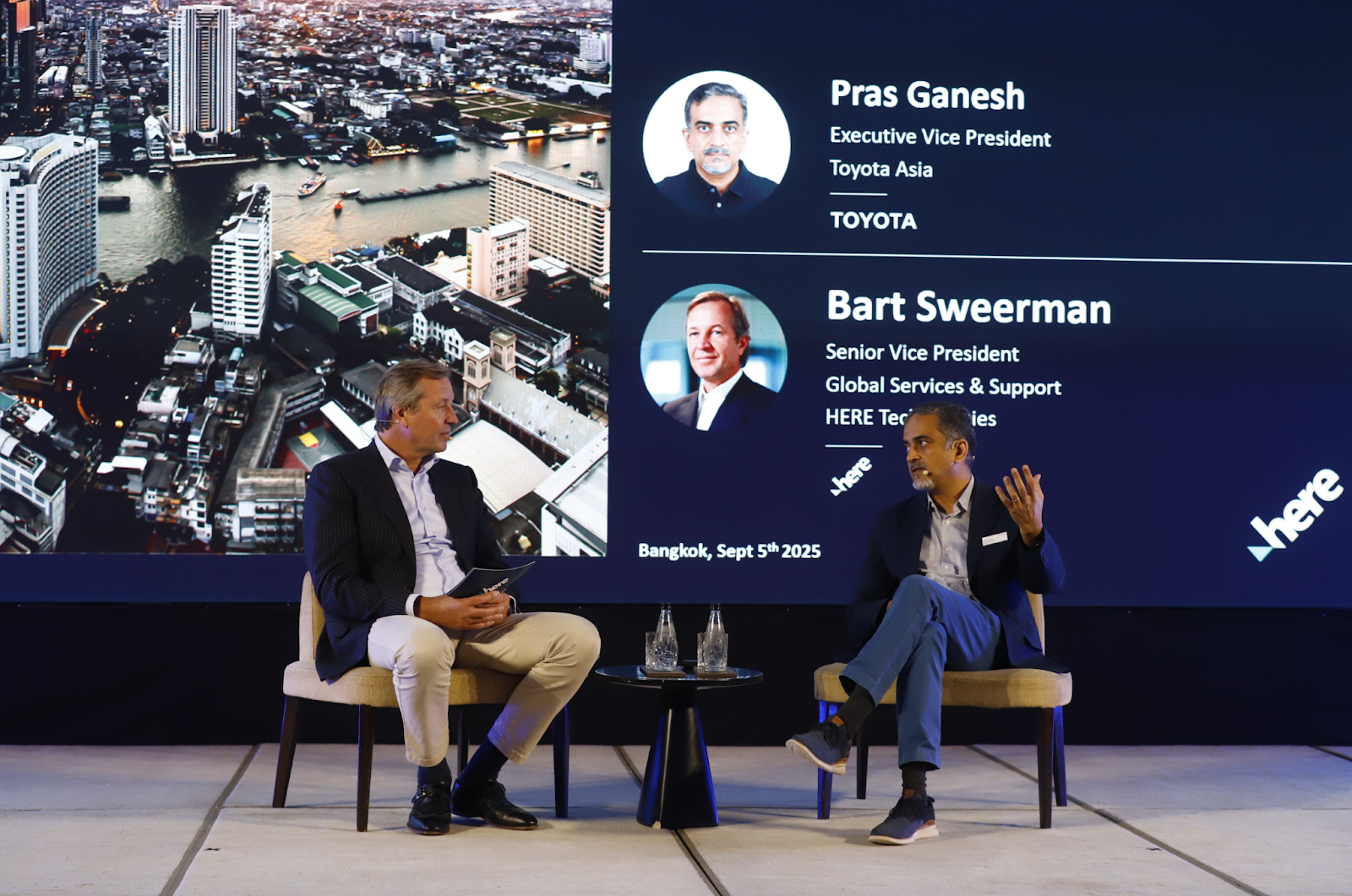 Fireside chat with Pras Ganesh of Toyota Asia and Bart Sweerman of HERE Technologies at the Bangkok mobility event, September 2025.